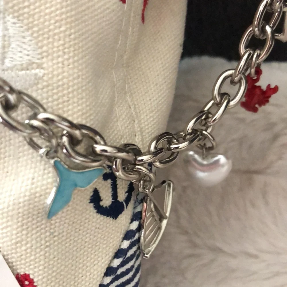 Nautical Anchor Print Cream Canvas Crossbody Bag Mini Tote with Red Scarf - Picture 5 of 14